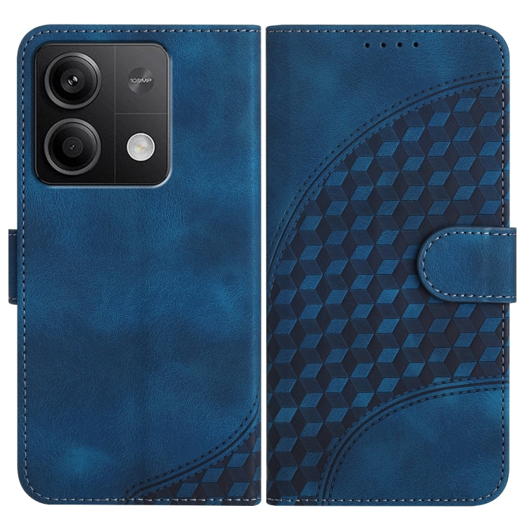Royal blue leather phone case with geometric embossed pattern and front buckle strap