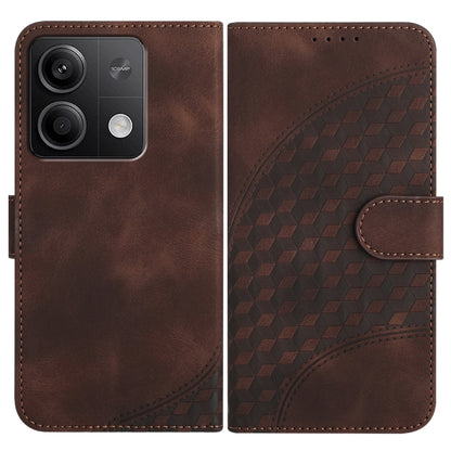 Dark brown leather phone case with geometric embossed pattern and side flap strap