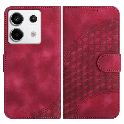 Red flip phone leather case with embossed geometric pattern and side strap closure