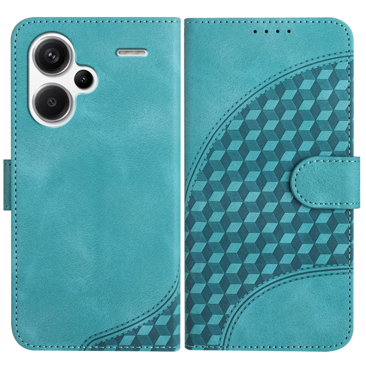 Light teal geometric flip phone case with camera cutout and magnetic front flap