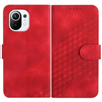 Red phone leather wallet case with geometric panel and side magnetic strap