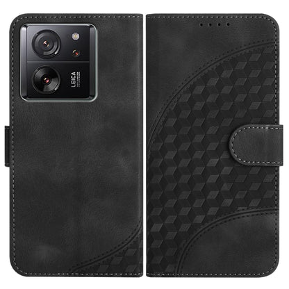 Black flip phone leather case with embossed geometric pattern and side strap closure