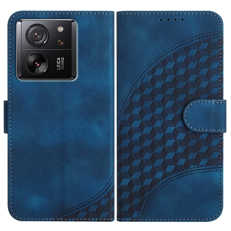 Blue flip phone leather case with embossed geometric pattern and side strap closure