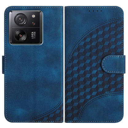 Blue flip phone leather case with embossed geometric pattern and side strap closure