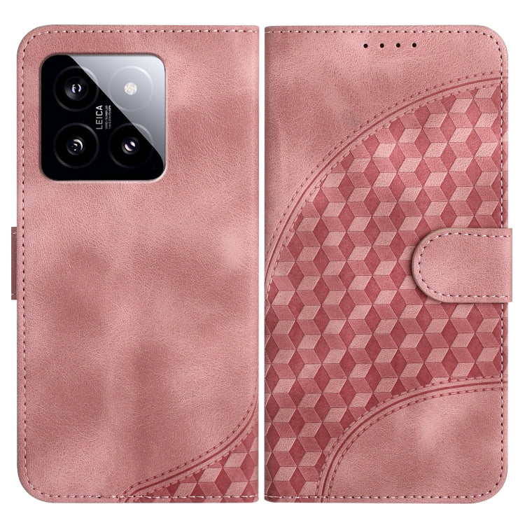 Rose pink flip-style phone case, smooth front and embossed geometric pattern back with strap tab