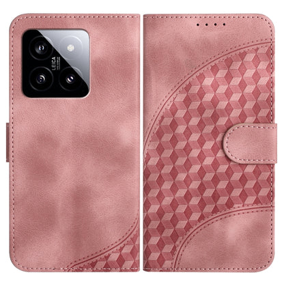 Rose pink flip-style phone case, smooth front and embossed geometric pattern back with strap tab