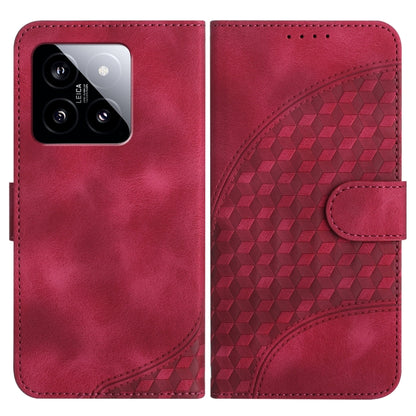 Red flip-style phone case, smooth front and embossed geometric pattern back with side strap tab