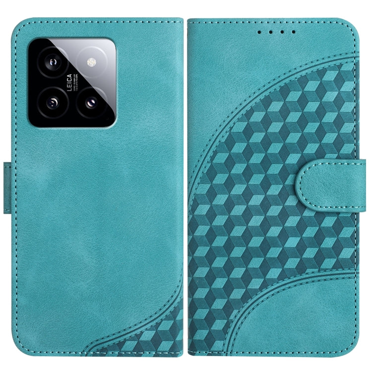 Light teal flip-style phone case with smooth front and embossed geometric pattern back, strap tab