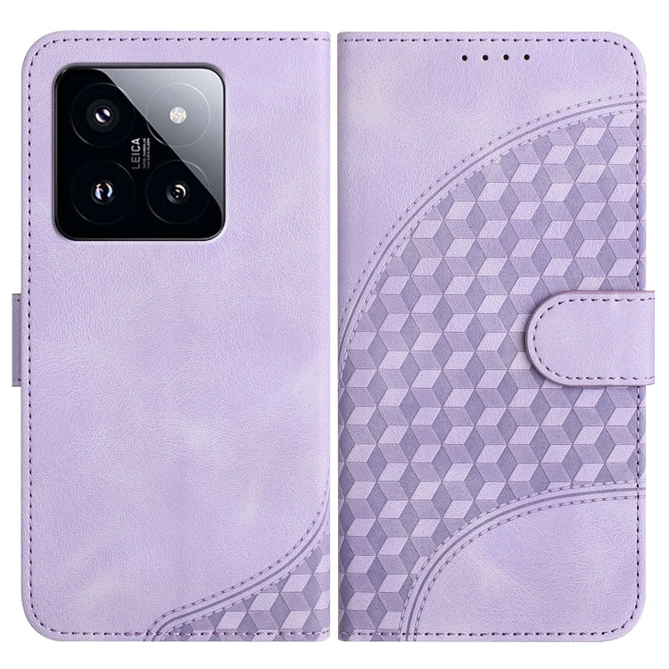 Light purple leather phone case with embossed geometric pattern and flip cover with side strap.