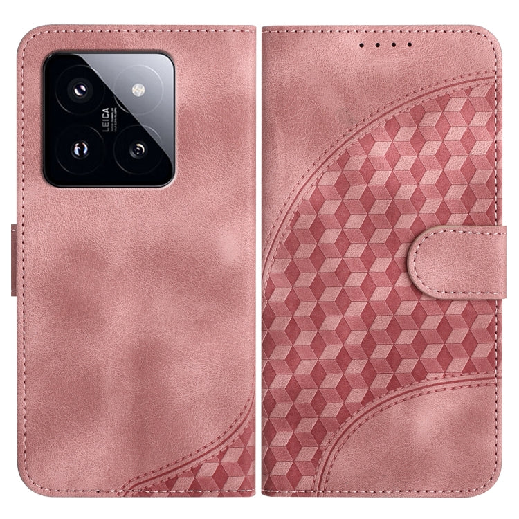 Rose pink leather phone case with embossed geometric pattern and flip cover with side strap.