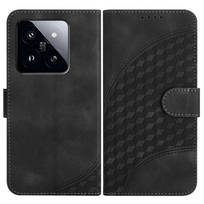 Black leather phone case with embossed geometric pattern and flip cover with side strap.