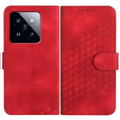 Red flip-style phone case, smooth front and embossed geometric pattern back with strap tab