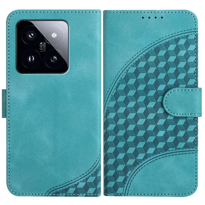 Light teal flip-style phone case, smooth front and embossed geometric pattern back with strap tab