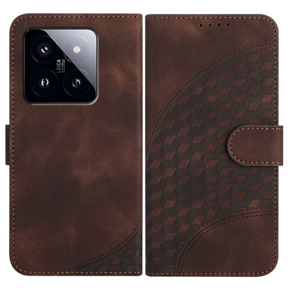 Brown flip-style phone case with smooth front and embossed geometric pattern back, strap tab