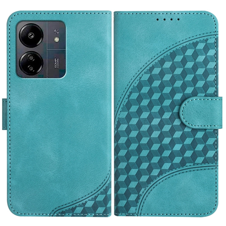 Light blue leather-look flip phone case with embossed geometric elephant design and side flap