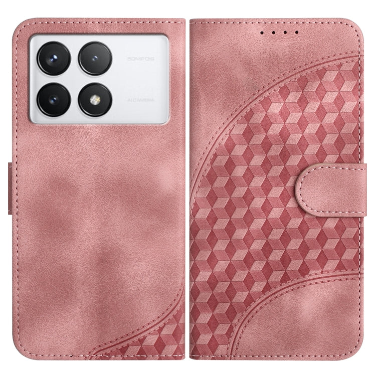 Pink leather-look flip phone case with embossed geometric elephant design and side flap