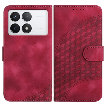 Red leather phone case with embossed geometric pattern and flip cover with side strap.