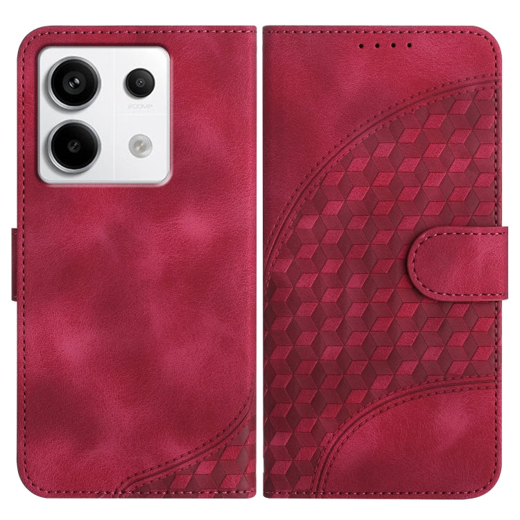 Wine red leather phone wallet case with geometric embossed cubes and magnetic strap
