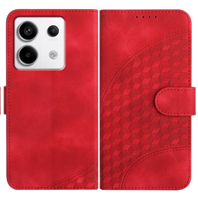 Red leather phone wallet case with geometric embossed cubes and magnetic strap