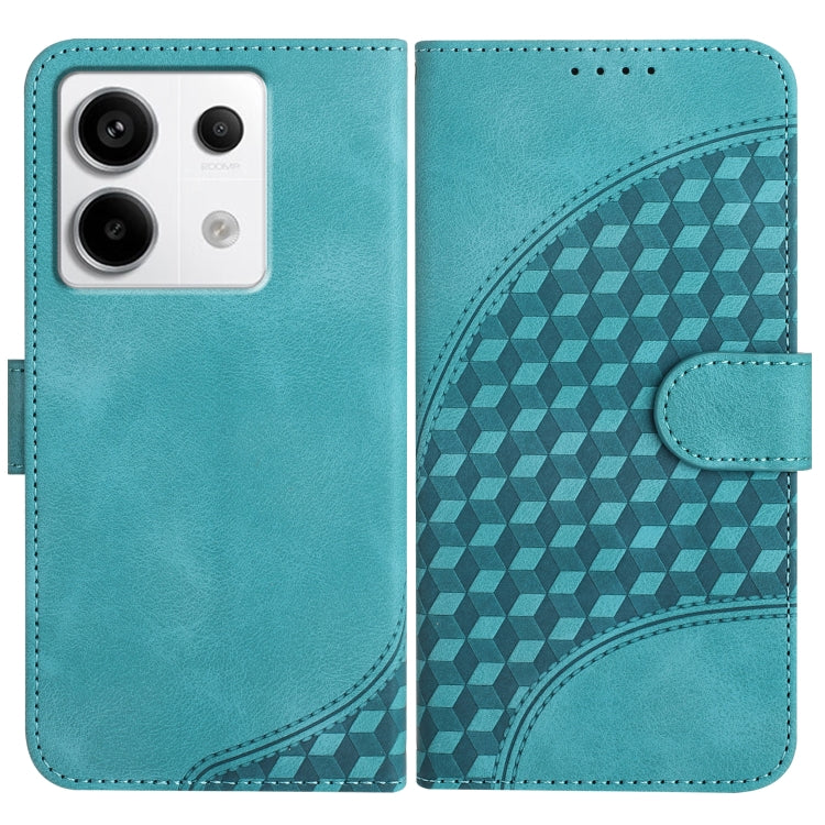 Light blue leather phone wallet cover with geometric embossed cubes and magnetic strap