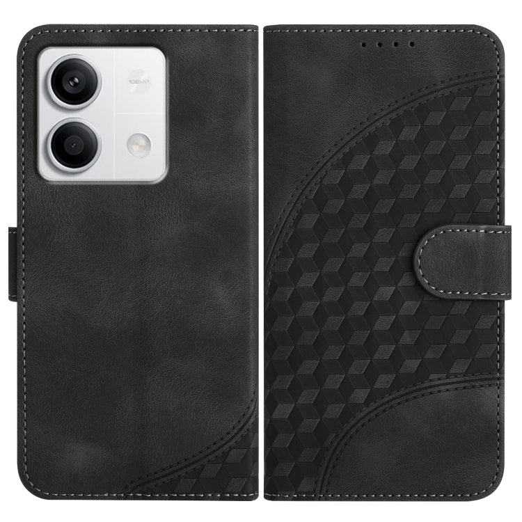 Black leather-look phone case with geometric embossing and front strap