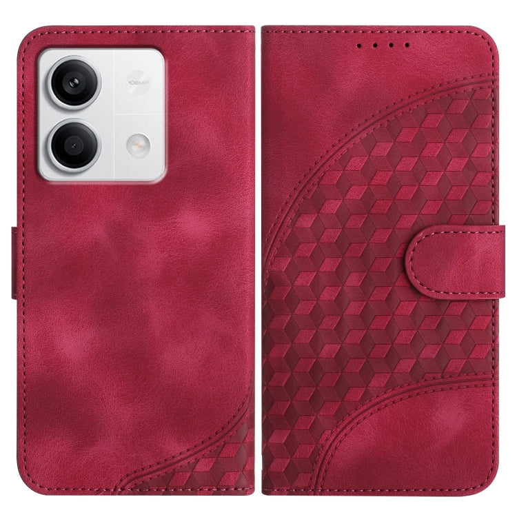 Red leather-look phone case with geometric embossing and front strap