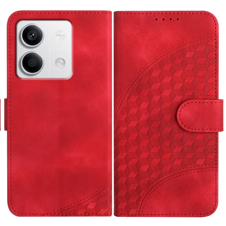 Bright red leather-look phone case with geometric embossing and front strap