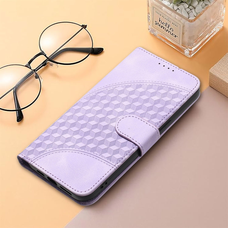 Lavender phone leather wallet case with cube-pattern back and side card-slot flap