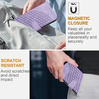 Lavender phone leather wallet case with front flap and cube texture on the back