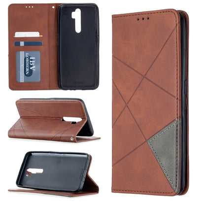 Brown flip wallet leather phone case with rhombus texture, magnetic closure, card slots.