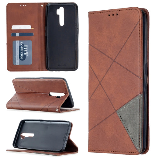 Brown flip wallet leather phone case with rhombus texture, magnetic closure, card slots.