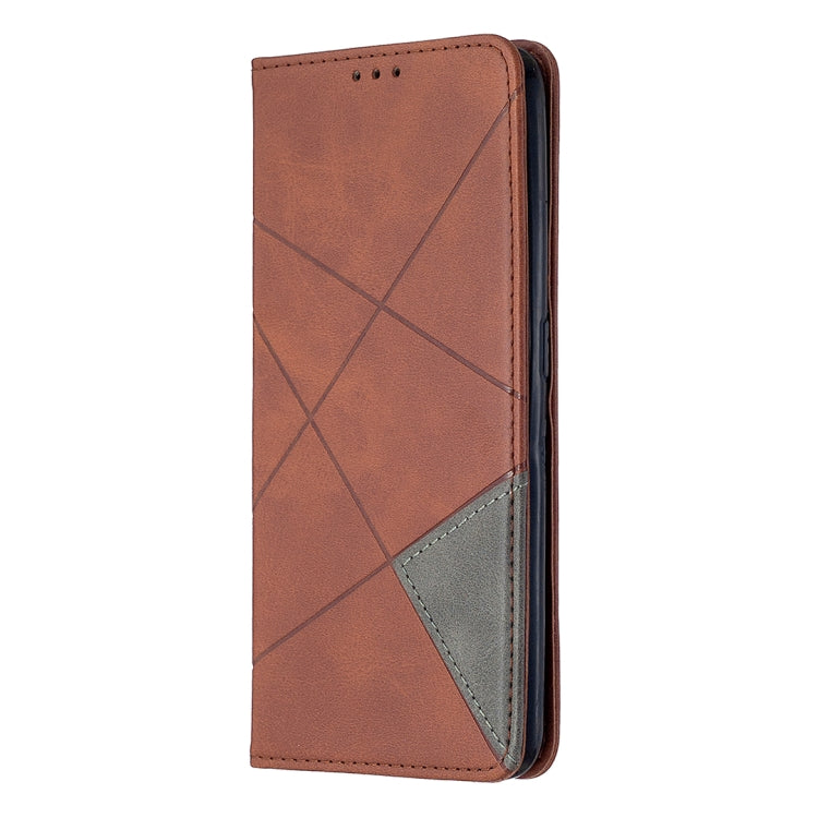 Brown magnetic flip leather phone case with rhombus pattern and gray card slot panel.