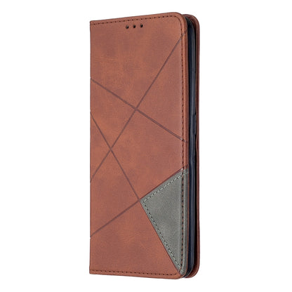 Brown magnetic flip leather phone case with rhombus pattern and gray card slot panel.