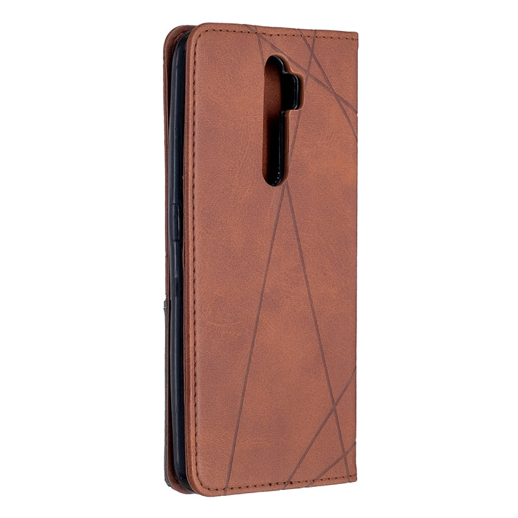 Brown leather flip phone case with rhombus texture, side cutout, and card holder panel.