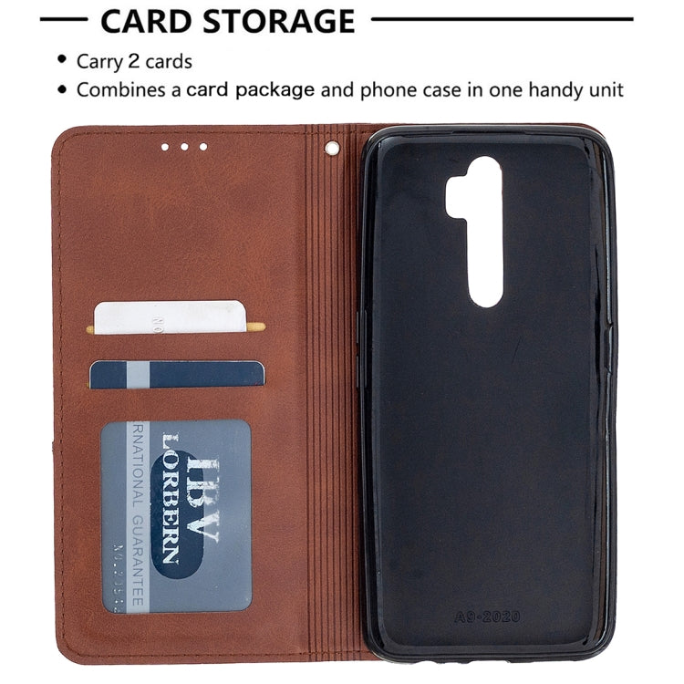 Brown magnetic flip leather phone case showing card slots and front cover for protection.
