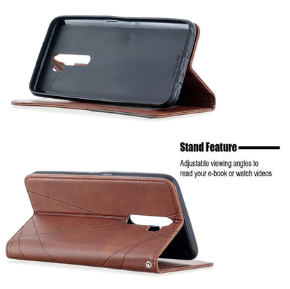 Brown rhombus-texture leather flip case with kickstand viewing angle and magnetic closure.