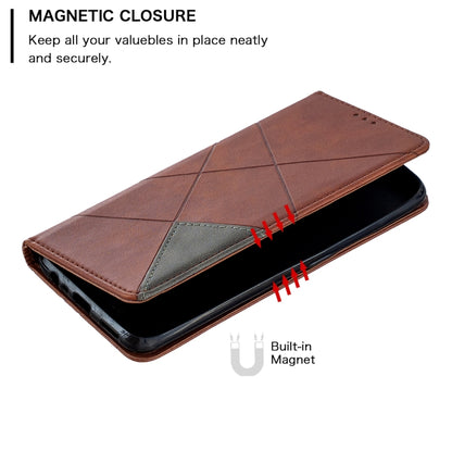 Brown leather flip phone case with built-in magnet and rhombus panel, front cover view.