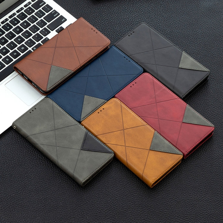 Set of rhombus texture leather flip cases in brown, blue, red, and gray with card panels.