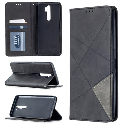 Black leather flip phone case with rhombus texture, magnetic stand, card slots