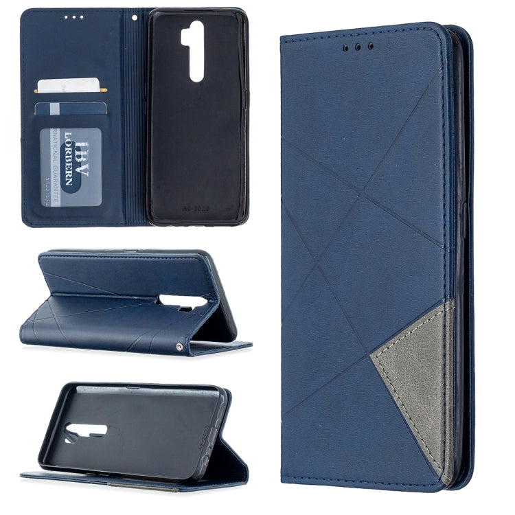 Blue leather flip phone case with rhombus texture, magnetic stand, card slots