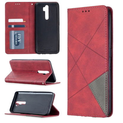 Red leather flip phone case with rhombus texture, magnetic stand, card slots