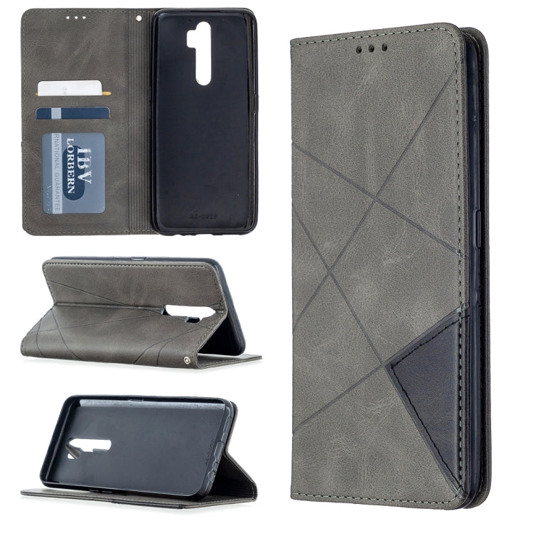 Gray magnetic leather flip phone case with card slots and rhombus texture, open wallet view