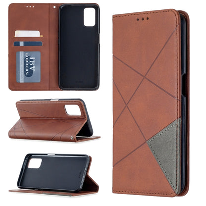 Brown flip wallet leather phone case with rhombus texture, card slots, and magnetic closure.