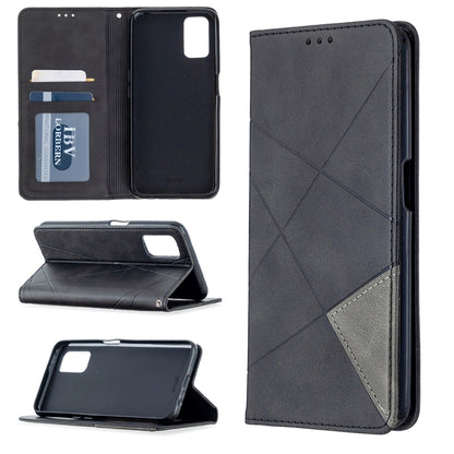 Black leather wallet phone case with rhombus texture, magnetic flip and card slots