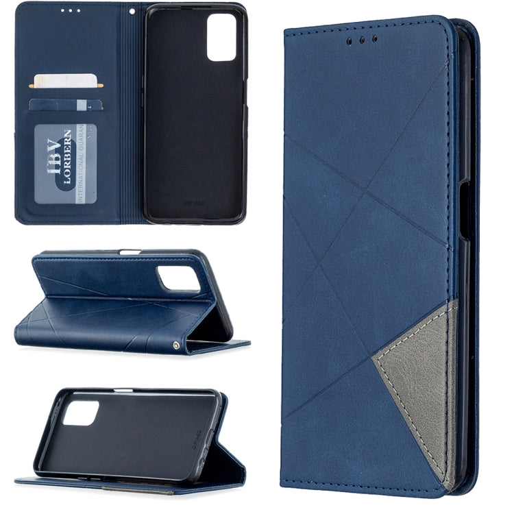 Blue leather wallet phone case with rhombus texture, magnetic flip and card slots