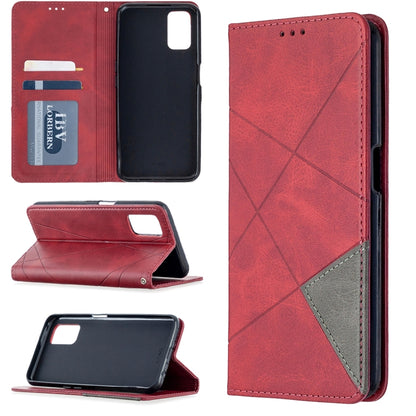 Red leather wallet phone case with rhombus texture, magnetic flip and card slots