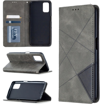 Gray magnetic leather flip phone case with card slots and rhombus texture, back cover view