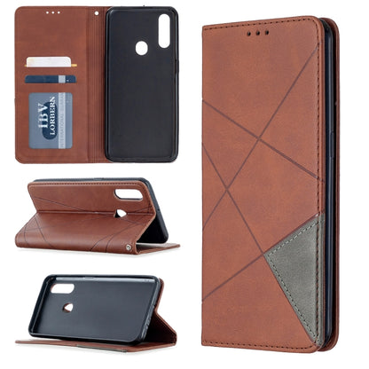 Brown magnetic flip leather phone case with rhombus pattern, card slots, and stand cover.