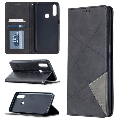 Black leather flip phone case, rhombus texture with magnetic stand and card slots