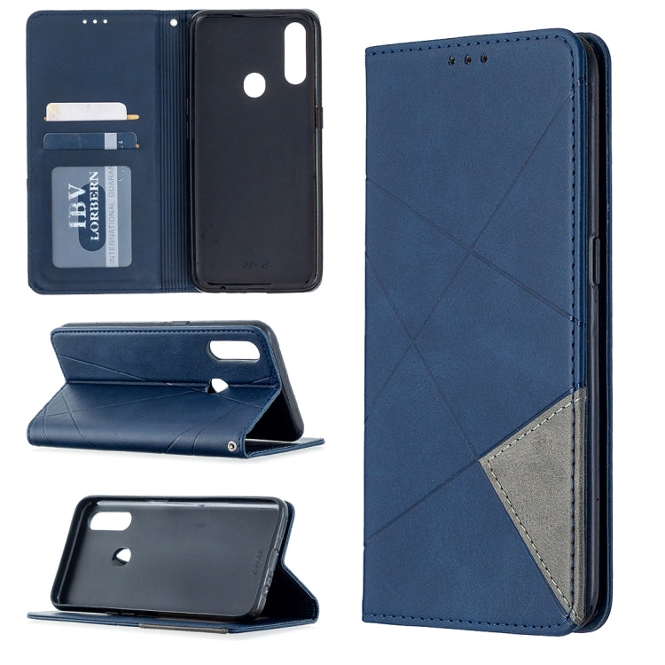 Blue leather magnetic flip phone case with rhombus pattern, card slots, stand view